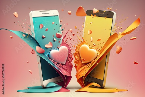Mobile phones falling in love. Romantic phone illustration photo
