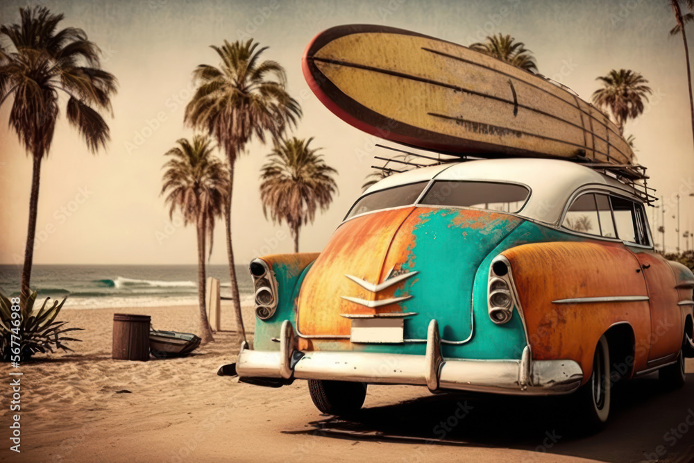 Pastel surfboards on tropical beach. Retro tone color style. Travel vacation concept. Generative AI - obrazy, fototapety, plakaty 