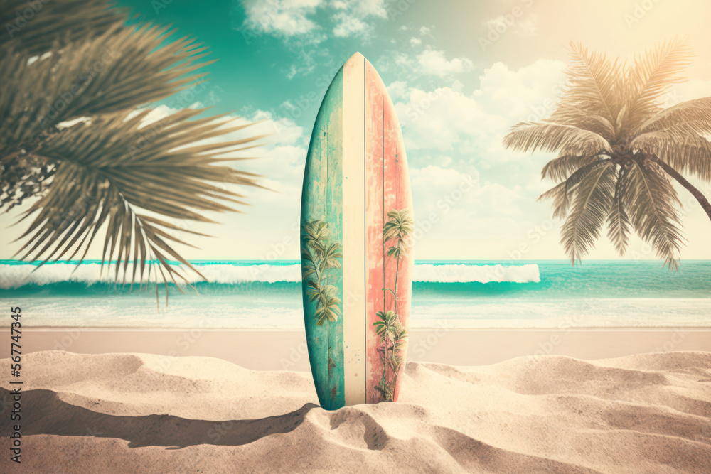 Pastel surfboards on tropical beach. Retro tone color style. Travel