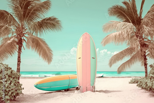 Pastel surfboards on tropical beach. Retro tone color style. Travel vacation concept. Generative AI