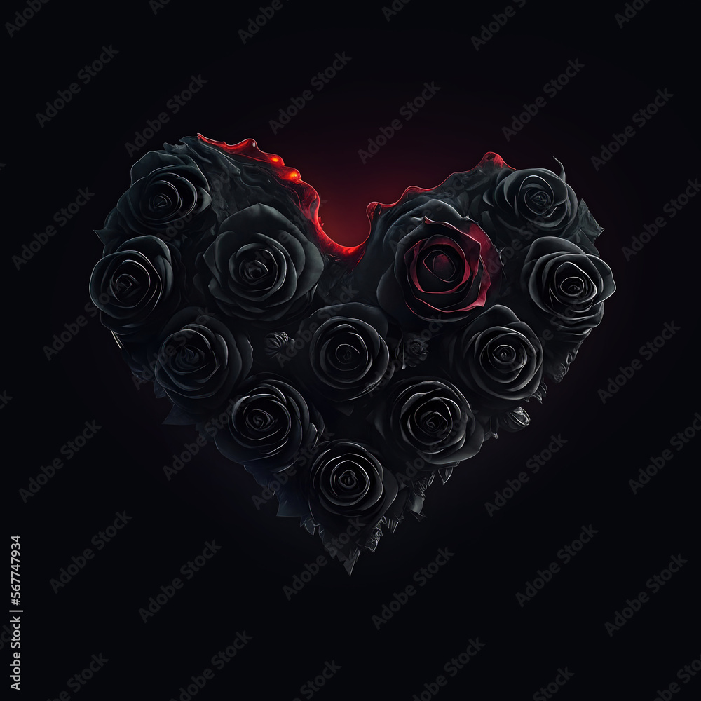Valentine's Day, heart and roses, lava, black red, black background fire