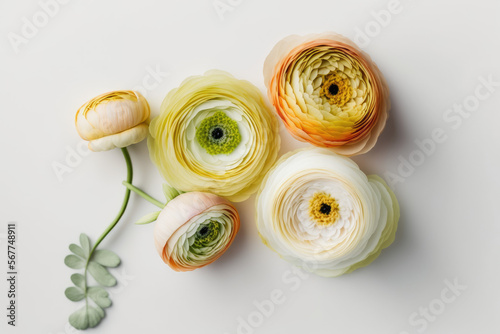 Beautiful spring Ranunculus flowers on white table white background