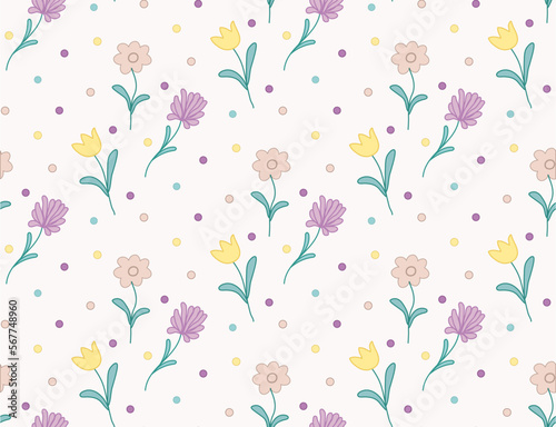 Flowers seamless pattern. Aster, tulip, chamomile, dots. Vector illustration. Yellow, pink, lilac.