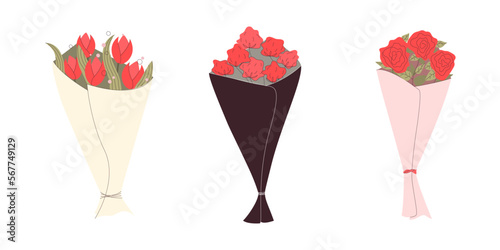 Bouquet with blooming flowers tulips isolated on white background in trendy flat cartoon style. Vector illustration of hand drawn wild and garden flowers wrapped in craft paper for holidays