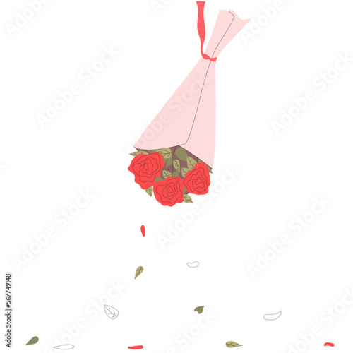 spoiled bouquet of flowers, in a package, flat style, contours, pastel colors, scattered petals, leaves