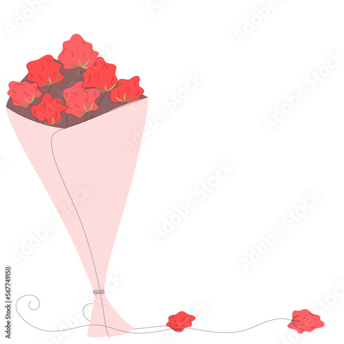 spoiled bouquet of flowers, in a package, flat style, contours, pastel colors, scattered petals, leaves