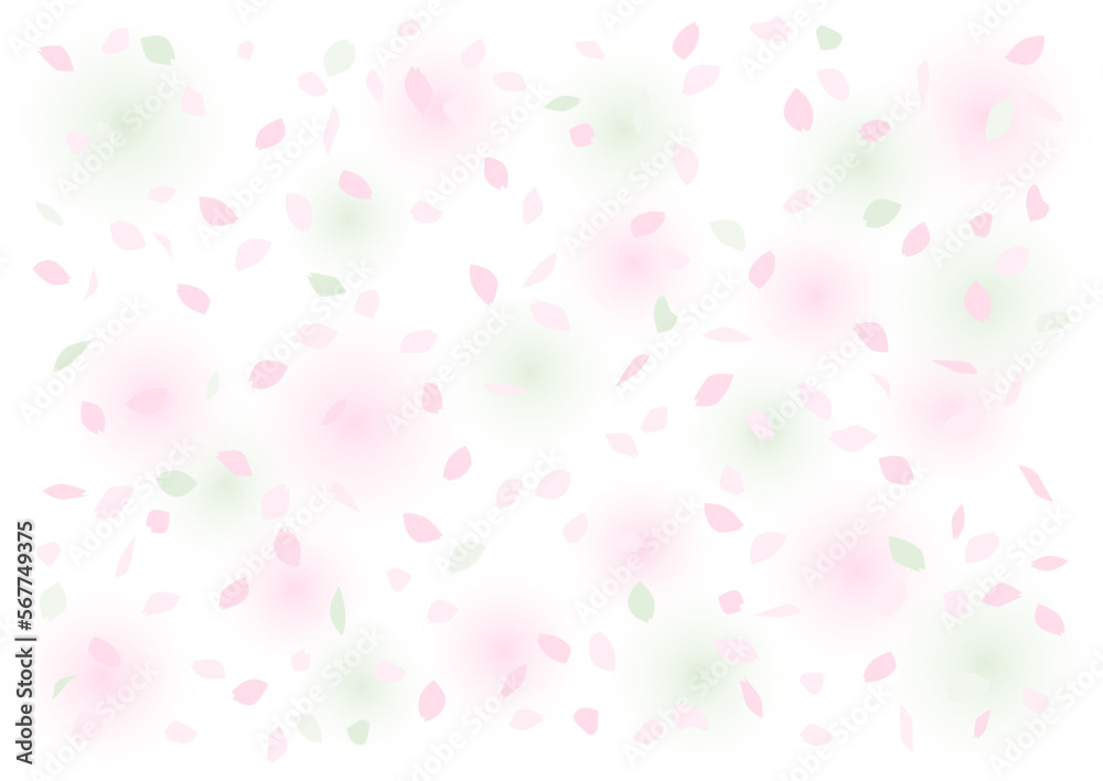 風に舞う桜の花びら模様のイラスト（ピンクと緑の淡い色）