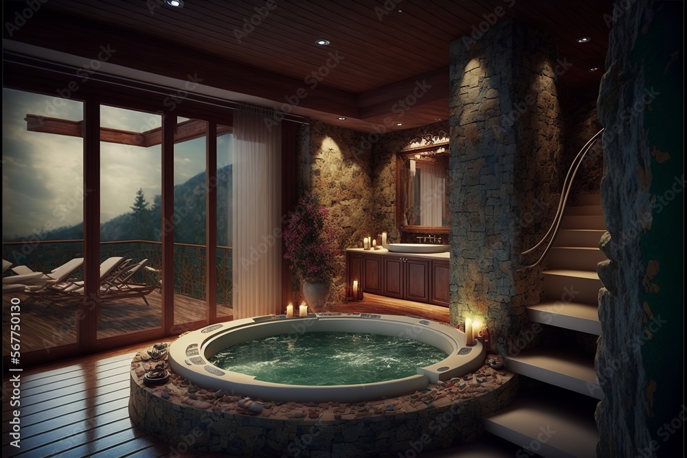 Luxury jacuzzi in the house with a beautiful view of nature, interior  ilustración de Stock