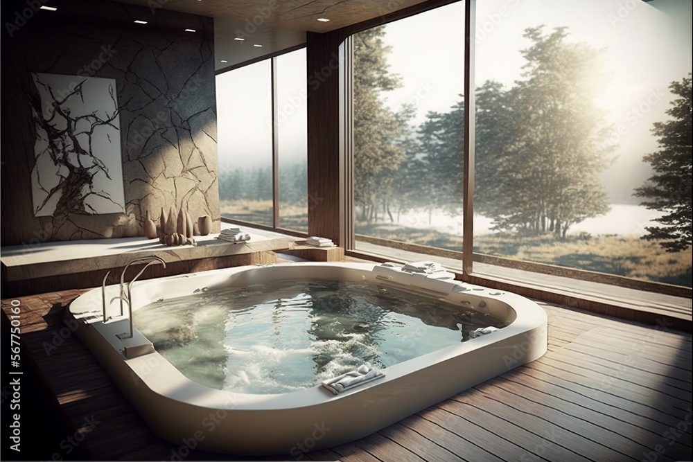 Luxury jacuzzi in the house with a beautiful view of nature, interior  ilustración de Stock | Adobe Stock