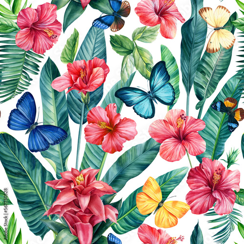 Floral Seamless pattern  jungle wallpaper. Tropical palm levels  red hibiscus flower and butterfly