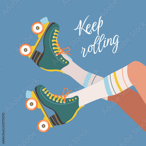 Girl's legs wearing retro roller skates and socks. Vector illustration of a roller skating woman and "Keep Rolling" message in colorful flat style. 70s or 80s roller disco concept.