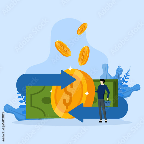 Financial services concept, money back concept, money back, return on investment, savings account, business man standing with money back, currency exchange, flat vector illustration.