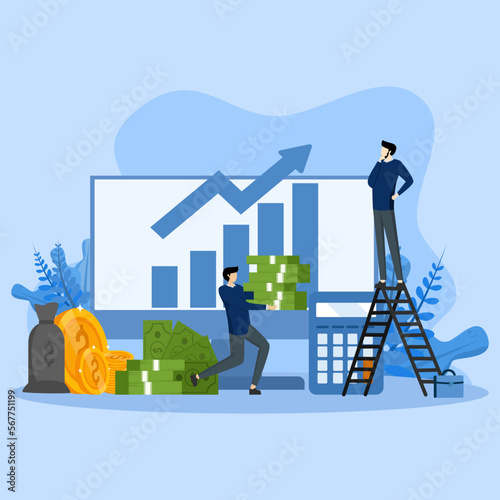 Business break even point calculation concept thinking income growth reporting result with graph or bar chart, money, calculator, flat vector illustration photo