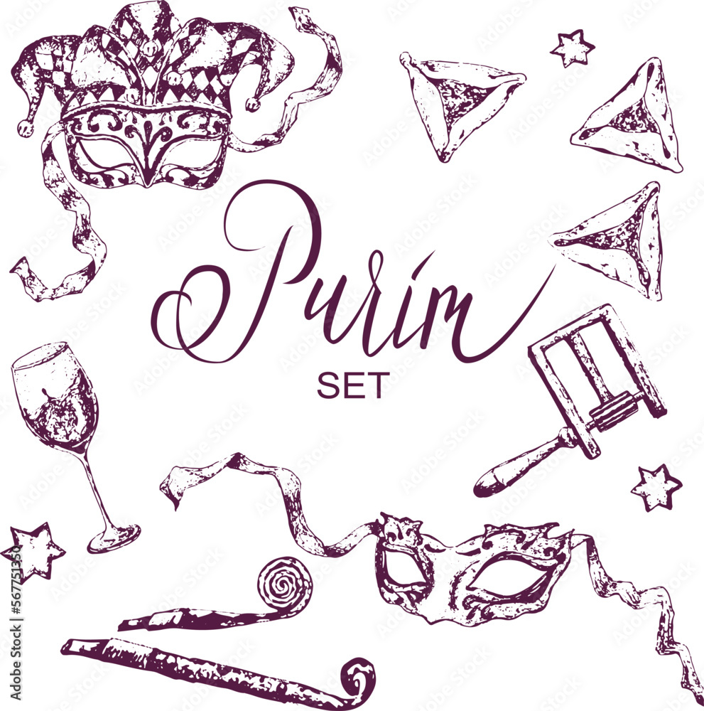 Obraz premium Handwritten lettering and hand-drawn symbols for Purim holiday. Festive set for design projects, posters, greeting cards.