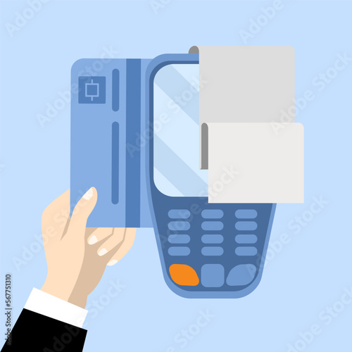 Payment card payment, card swipe payment via Electronic Data Capture, businessman hand holding debit card and swipe card, digital payment technology, flat vector design illustration