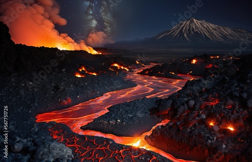volcano with lava river flow on ground at night time, Generative Ai   © QuietWord