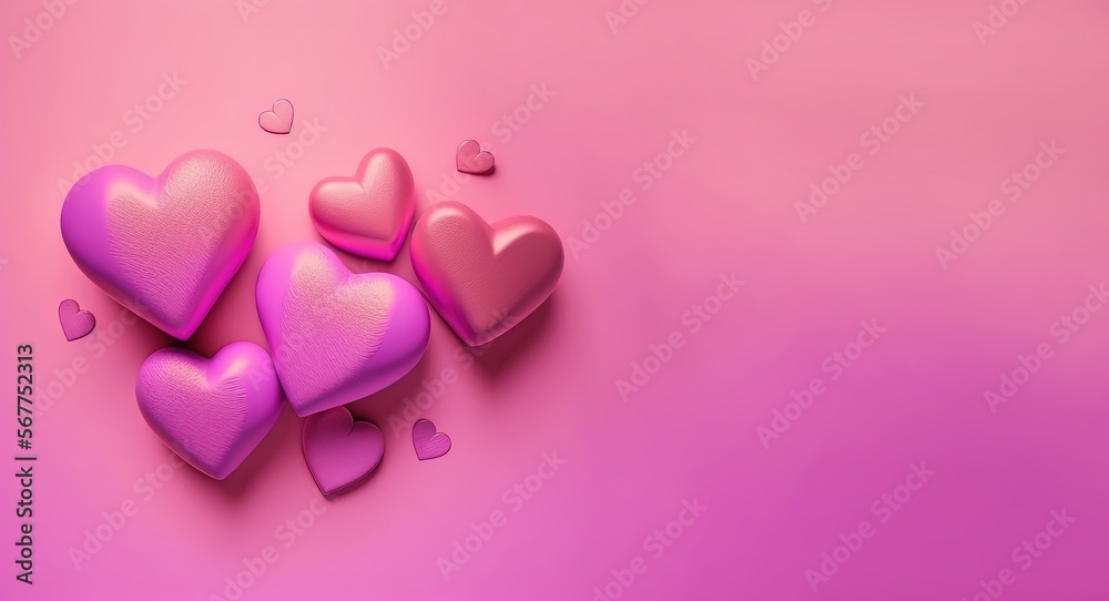Happy Valentine's Day. Holiday wedding. happy birthday. Festive background with realistic heart shaped balloons pink purple colors, Romantic banner, web poster with copy space, by ai generative