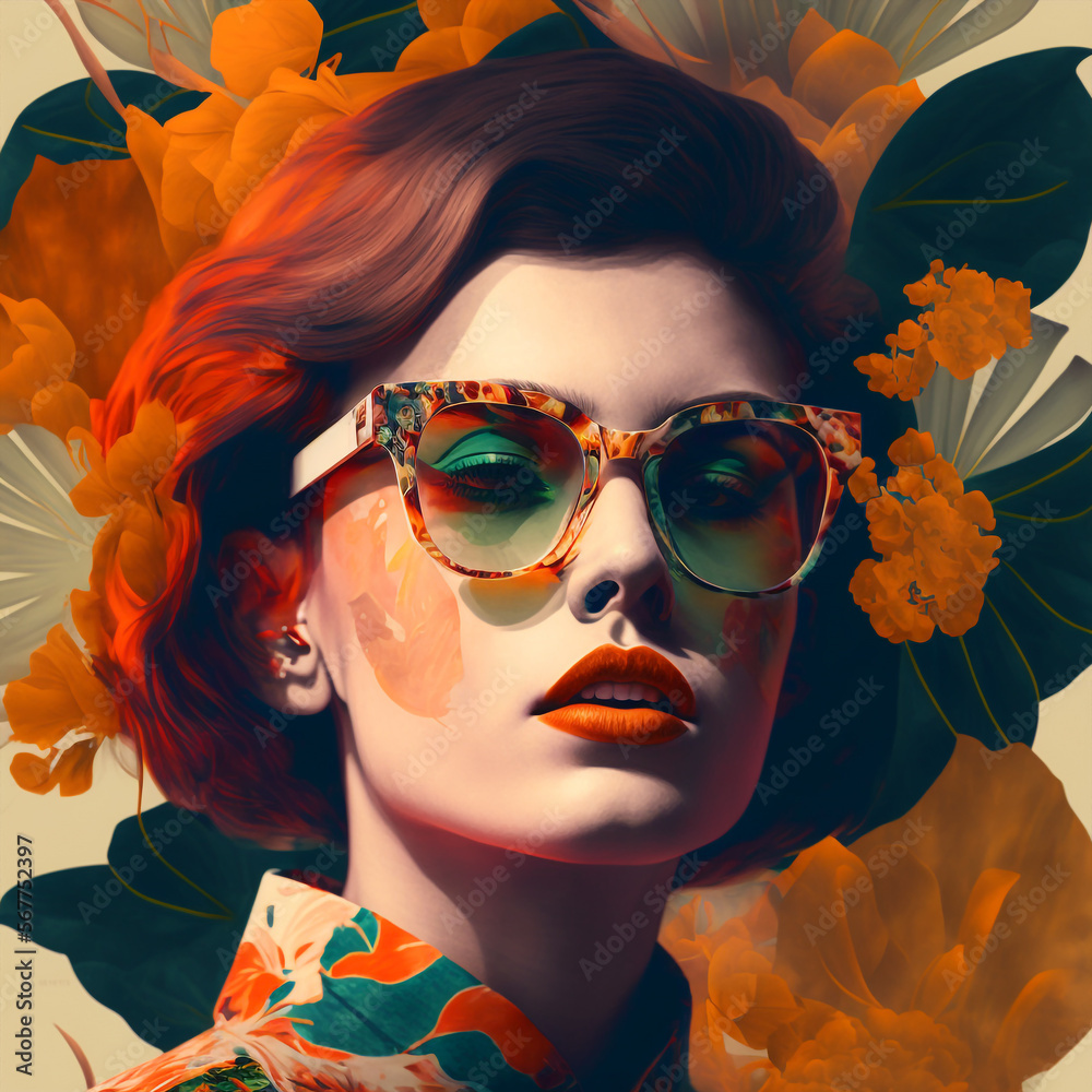 Fototapeta premium generative ai illustration portrait of a woman with sunglasses, collage 70s style, summer vibes