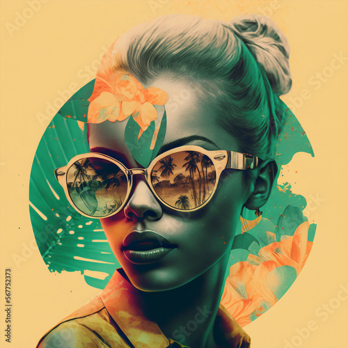 generative ai illustration portrait of a woman with sunglasses, collage 70s style, summer vibes photo