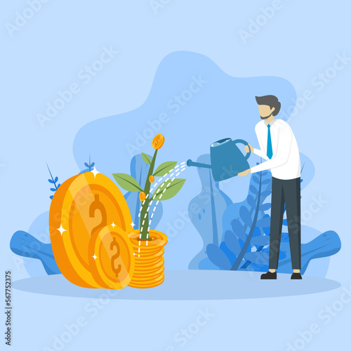 money investment concept, idea to generate more income, finance business, asset management, account, growing money tree, businessman watering money tree, vector illustration