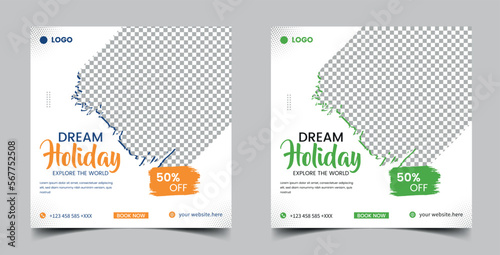 travel sale social media post template. travelling agency business offer promotion. Holiday and tour advertisement banner design
