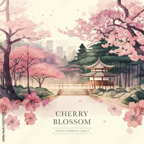 Watercolor vector landscape of cherry blossoms in japanese park