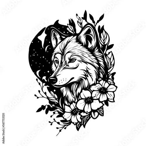wolf with flowers, Wolf head, Wolf Flower Tattoo