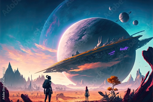 Fototapeta Naklejka Na Ścianę i Meble -  Wall art, wallpaper frame art, digital art style, comic style, outer worlds scenario, planetary station, woman and kid, scifi, background, AI generated art