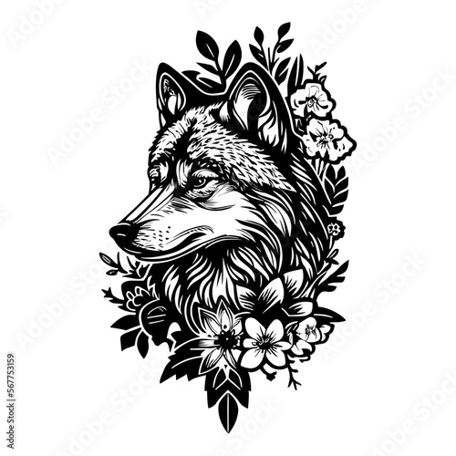 wolf with flowers, Wolf head, Wolf Flower Tattoo