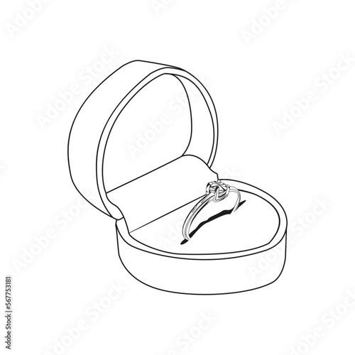 Vector illustration of a box with a ring. A set of jewelry for a declaration of love. Wedding ring in doodle style