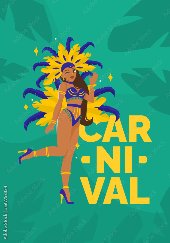 Brazilian woman in festive carnival costume with bright plumage