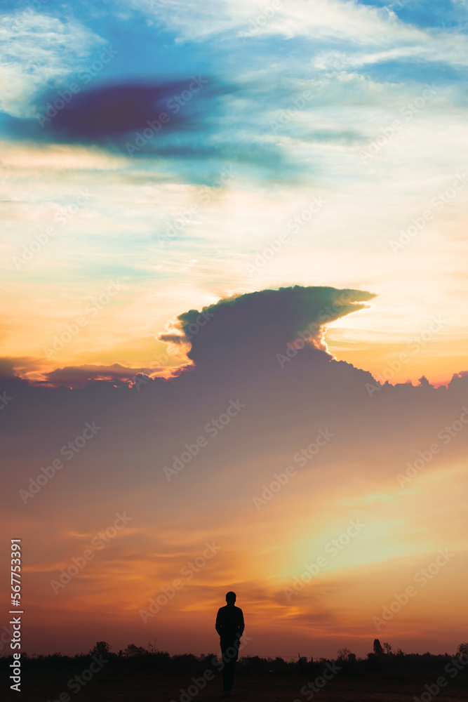 Obraz premium Silhouette of a person standing in a field at sunset