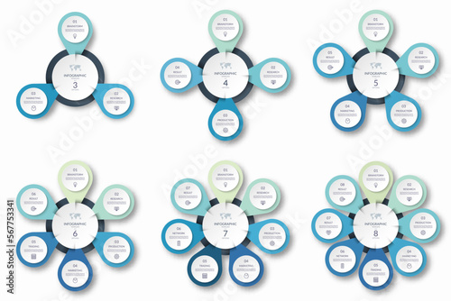 Set of infographic cycle diagrams with 3, 4, 5, 6, 7, 8 steps. Can be used as a chart, graph, workflow layout for web, report, business infographics.