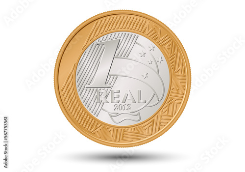 One real Brazilian coin money. Reverse on white background. photo
