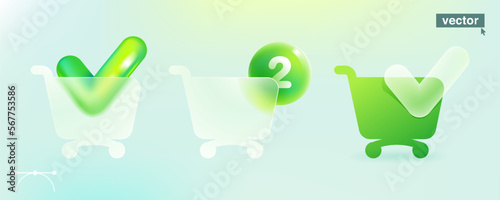 Glass morphism transparent shopping cart with checkmark icon. Eco-friendly frosted glass effect.