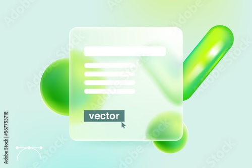 Transparent square card screen in Glassmorphism style with checkmark icon and spheres.