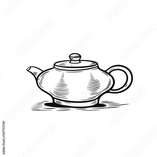 Japanese tea pot black color outline engraving style vector art.