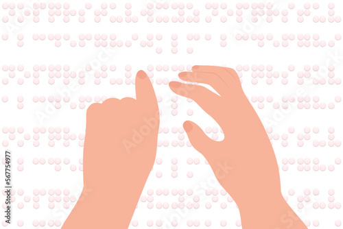 Illustration with simple background with braille text, braille font, hands read text