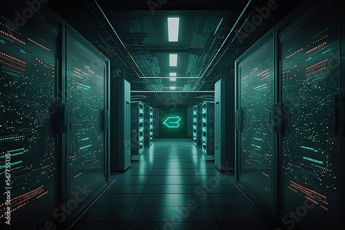 Prise de vue d un couloir dans un centre de donn  es de travail plein de serveurs  de baies  de super-ordinateurs avec une connexion Internet   AI 