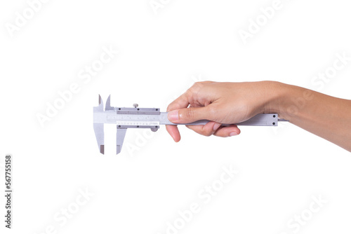 Mechanic engineer hand hold vernier caliper tool in hand isolated on white background