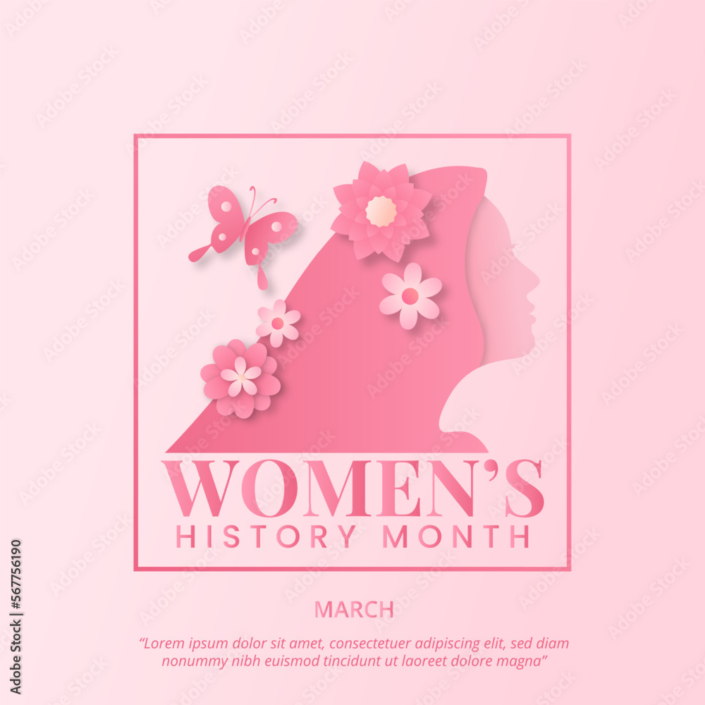 Women's history month background with a pink cutting paper woman and flowers