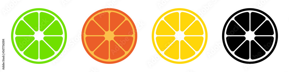 Collection of citrus design icon. Orange, lemon, grapefruit, mandarin and lime flat vector illustration.