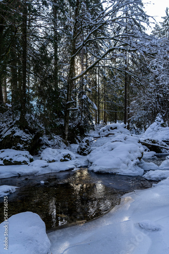 Teilweise gefrorener Fluss in Winterwald mit Schnee und Sonne