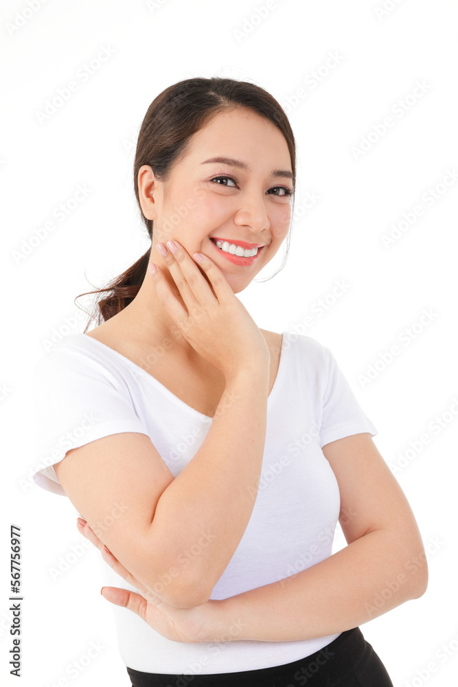 Portrait of an Asian woman with a beautiful smile, smooth and healthy skin. Beauty concept. white background Portrait of an Asian woman with a beautiful smile, smooth and healthy skin. Beauty concept. white background