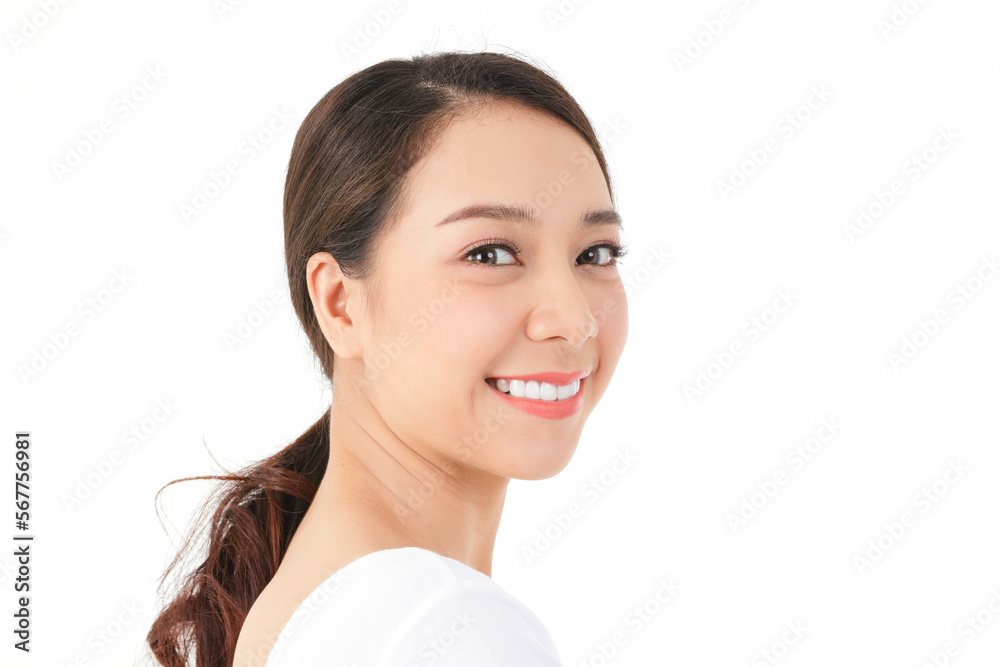 Portrait of an Asian woman with a beautiful smile, smooth and healthy skin. Beauty concept. white background Portrait of an Asian woman with a beautiful smile, smooth and healthy skin. Beauty concept. white background