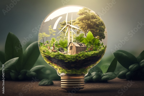 green energy plant in a bulb eco system concept. Generative AI