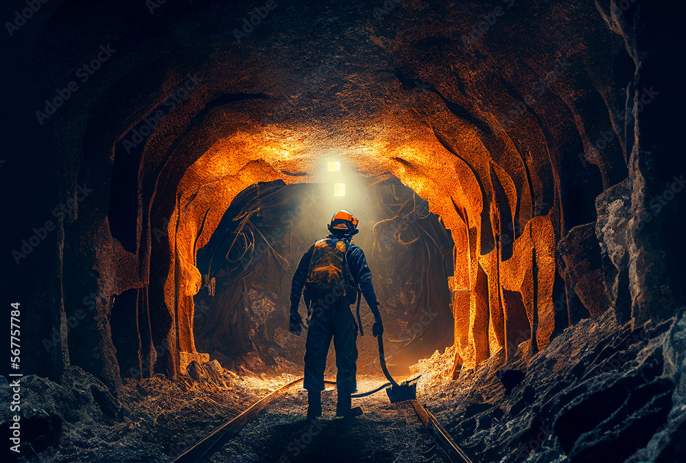 Underground mining. Coal mining in mine. Miner in underground mine on coal mining work. Mine workers on Underground hard-rock mining. AI Generative. Hard rock mine equipment and advanced technologies - obrazy, fototapety, plakaty 