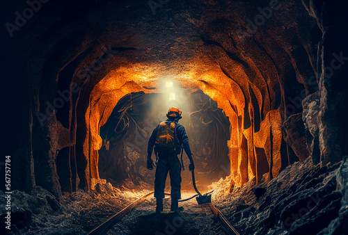 Underground mining. Coal mining in mine. Miner in underground mine on coal mining work. Mine workers on Underground hard-rock mining. AI Generative. Hard rock mine equipment and advanced technologies
