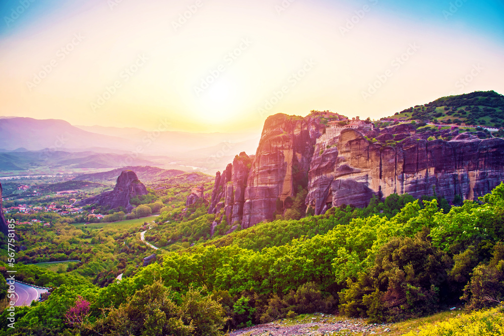 magnificent magical landscape in the famous valley of the Meteora rocks in Greece at sunset. Great amazing world. Attractions.