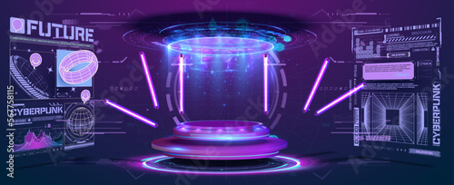 Futuristic pedestal for product presentation. Fantastic circle fui interface screen design. Blank display, stage or podium for show product in futuristic cyberpunk style. Pedestal in 3d cyberspace.